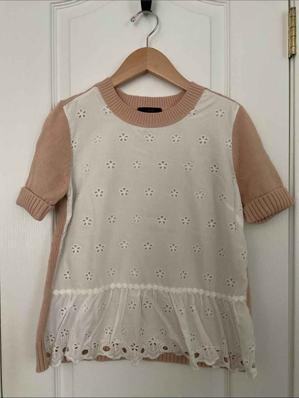 J. Crew Pink and White Eyelet Knit Peplum Top